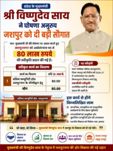 मुख्यमंत्री विष्णुदेव साय की बड़ी सौगात: जशपुर के वशिष्ठ कम्युनिटी हॉल के जीर्णोद्धार के लिए 80 लाख रुपये स्वीकृत