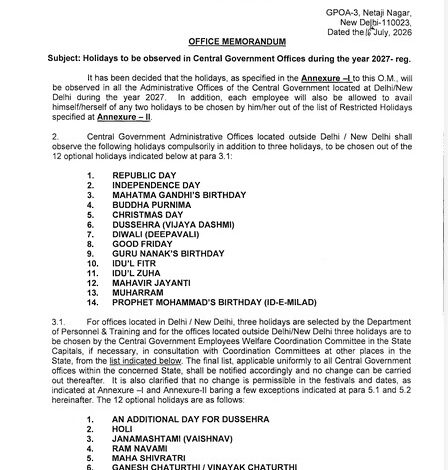 वर्ष 2027 के लिए 14 सार्वजनिक, 12 ऐच्छिक अवकाशों की घोषणा वर्ष 2027 के लिए 14 सार्वजनिक, 12 ऐच्छिक अवकाशों की घोषणा