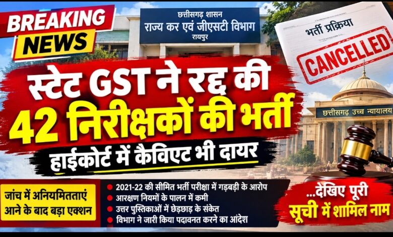 बड़ी खबर: स्टेट GST में 42 वाणिज्यिक कर निरीक्षकों की भर्ती रद्द, हाईकोर्ट में कैविएट भी दायर बड़ी खबर: स्टेट GST में 42 वाणिज्यिक कर निरीक्षकों की भर्ती रद्द, हाईकोर्ट में कैविएट भी दायर